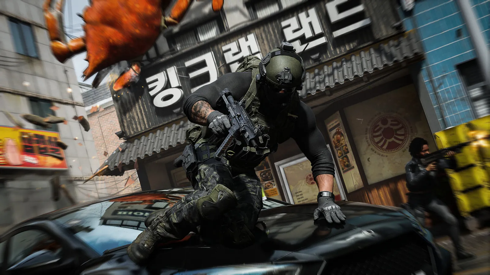 Soldiers moving through a Korean street in Modern Warfare 4