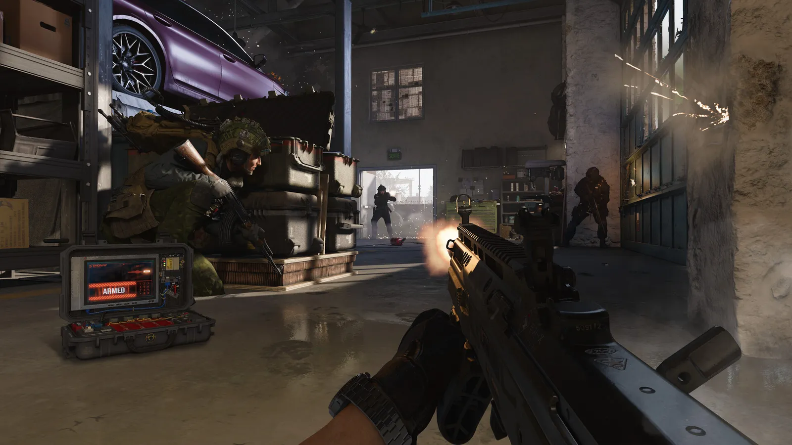 A squad of soldiers moving through a smoke-filled street in Modern Warfare 4